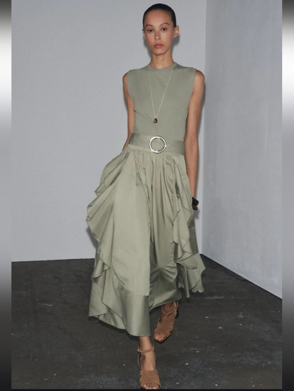 Zara Sage Green Sleeveless Midi Dress with Belt